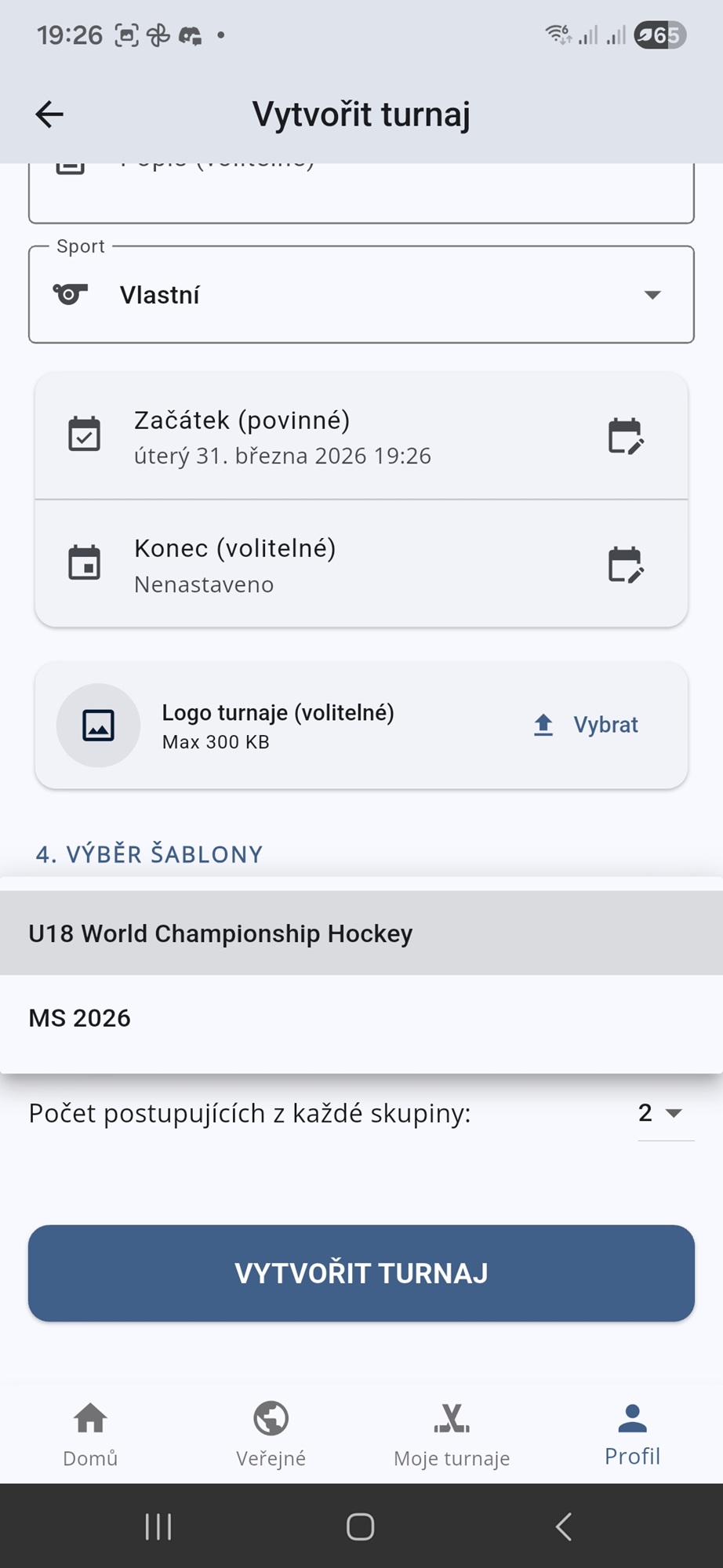 Vytvořit turnaj – výběr šablony