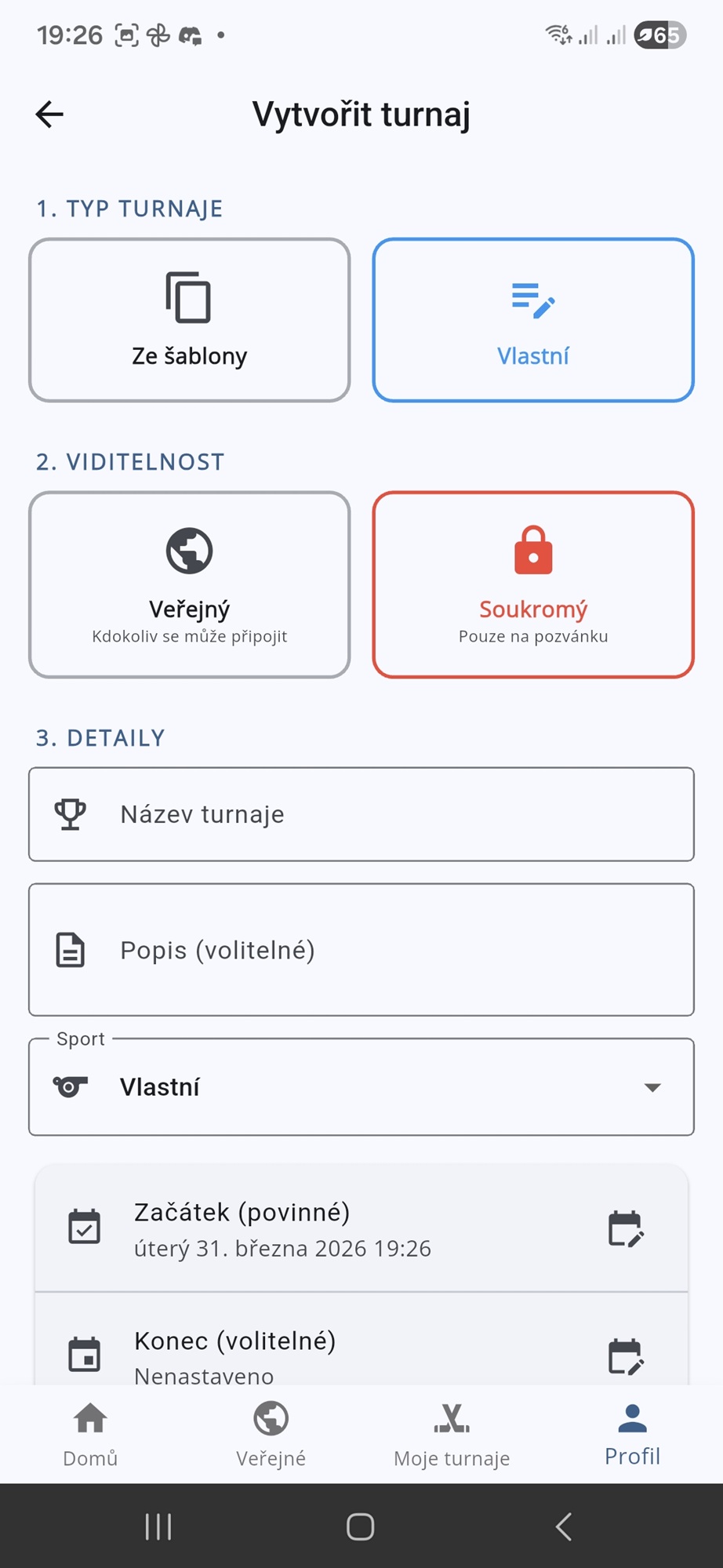 Vytvořit turnaj – typ, viditelnost a detaily