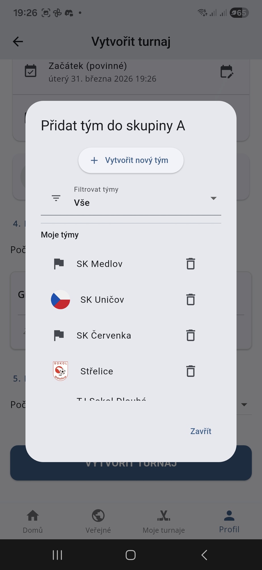 Přidat tým do skupiny – filtr podle země