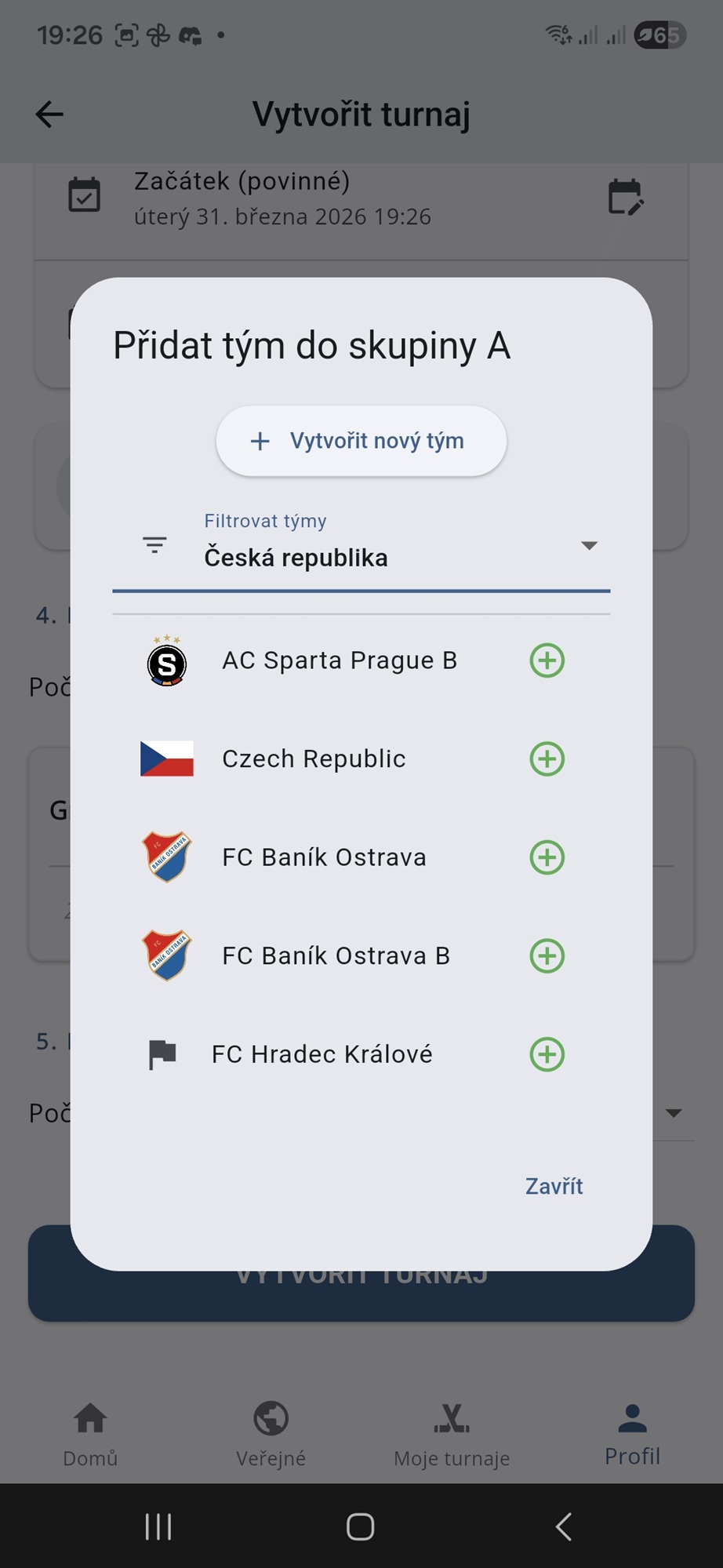 Přidat tým do skupiny – seznam týmů